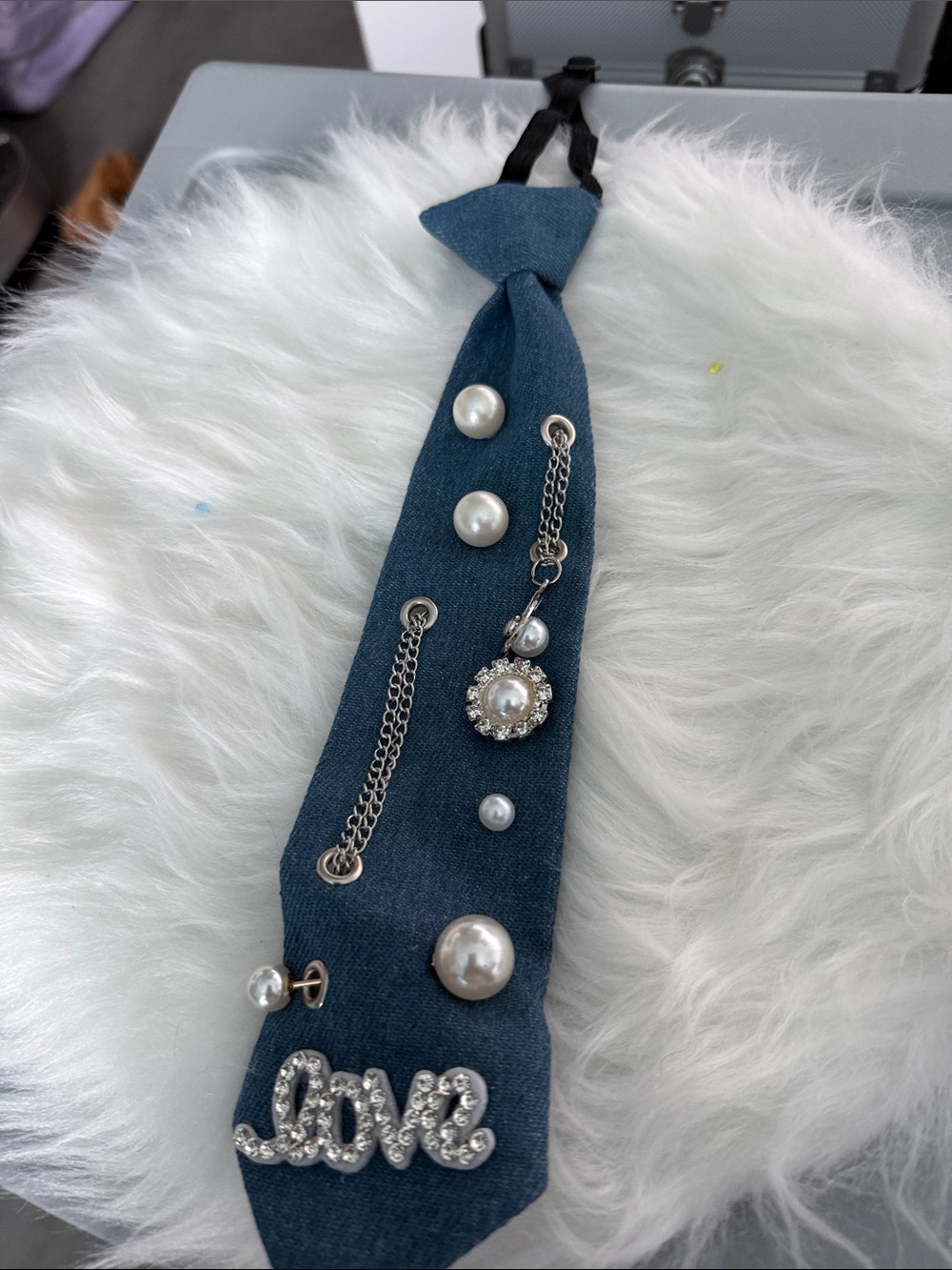 Embellished Denim Tie with Pearls & Rhinestone 'love' Accent
